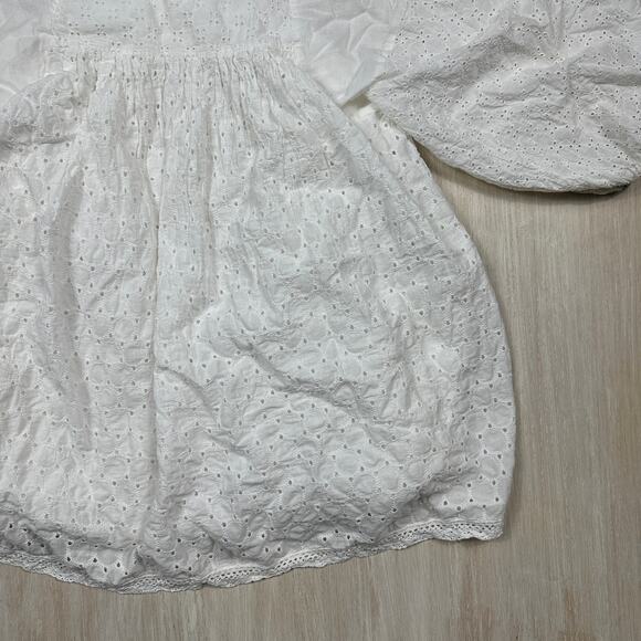 Zara White Eyelet Embroidered Puff Sleeve Boho Peasant Mini Dress Top Medium - Picture 11 of 12
